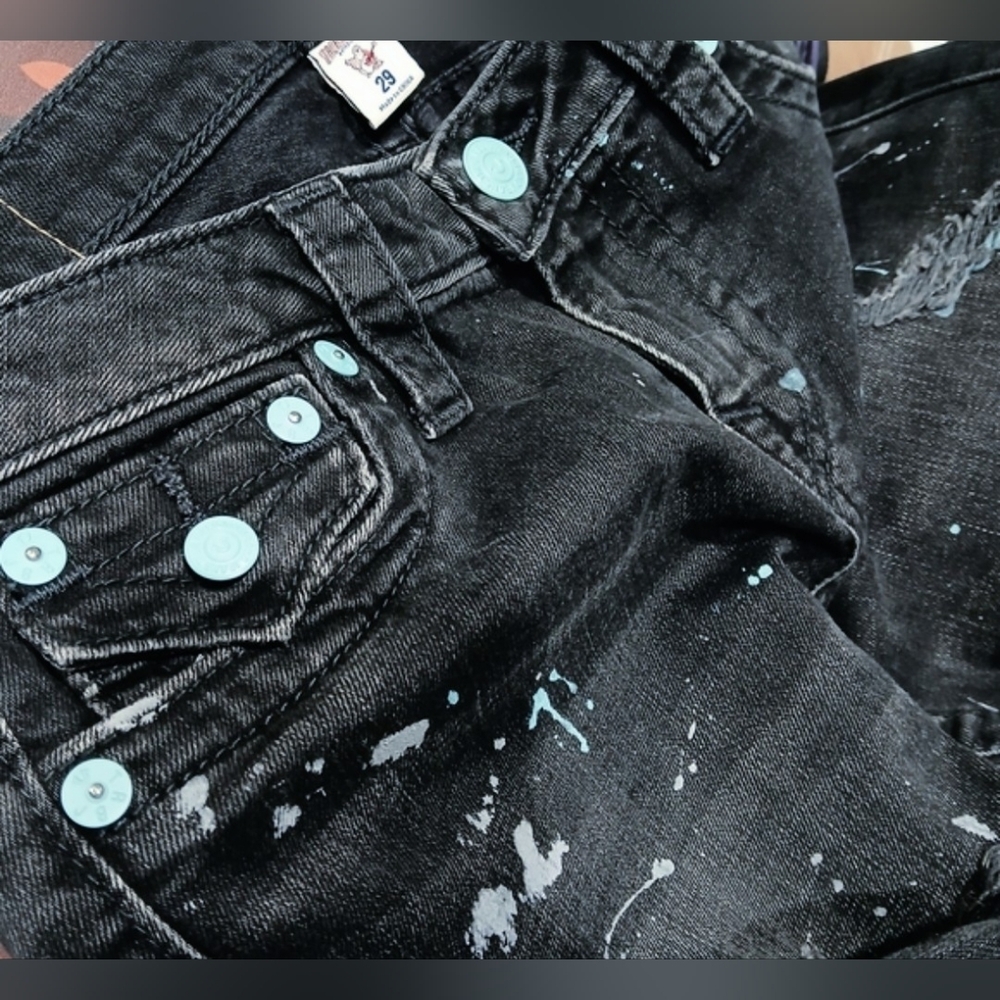 True Religion Black with Teal Splatter Super Skinny Distressed Jeans 29 - Picture 4 of 10